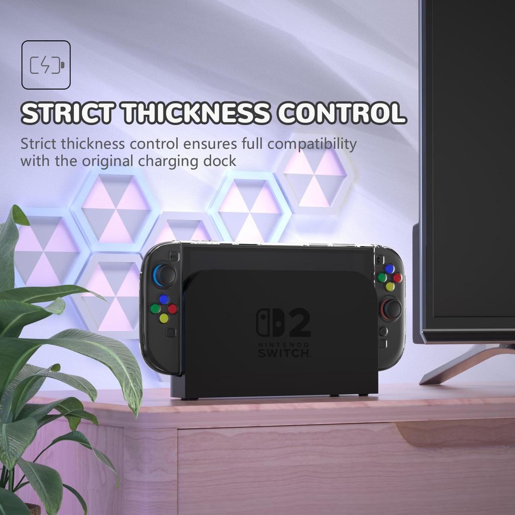 PlayVital Clear Series Průhledné tvrdé pouzdro pro Switch 2 Kompatibilní s dokovací stanicí Ochranný kryt odolný proti poškrábání s úchopem Skládací stojánek Krytky na palce