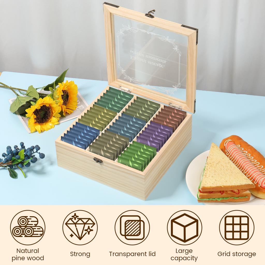 9 Grids Wooden Coffee tea sugar Bag Storage Box Clear Window Lid Sorting Tea Bag Organizer box Office Kitchen Cabinet Organzier