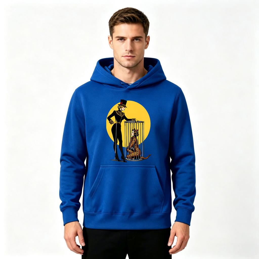 Men's Hoodie, Vintage Circus Tamer Caged Leopard Woman Print Pullover Casual Long Sleeve Hooded Sweatshirt