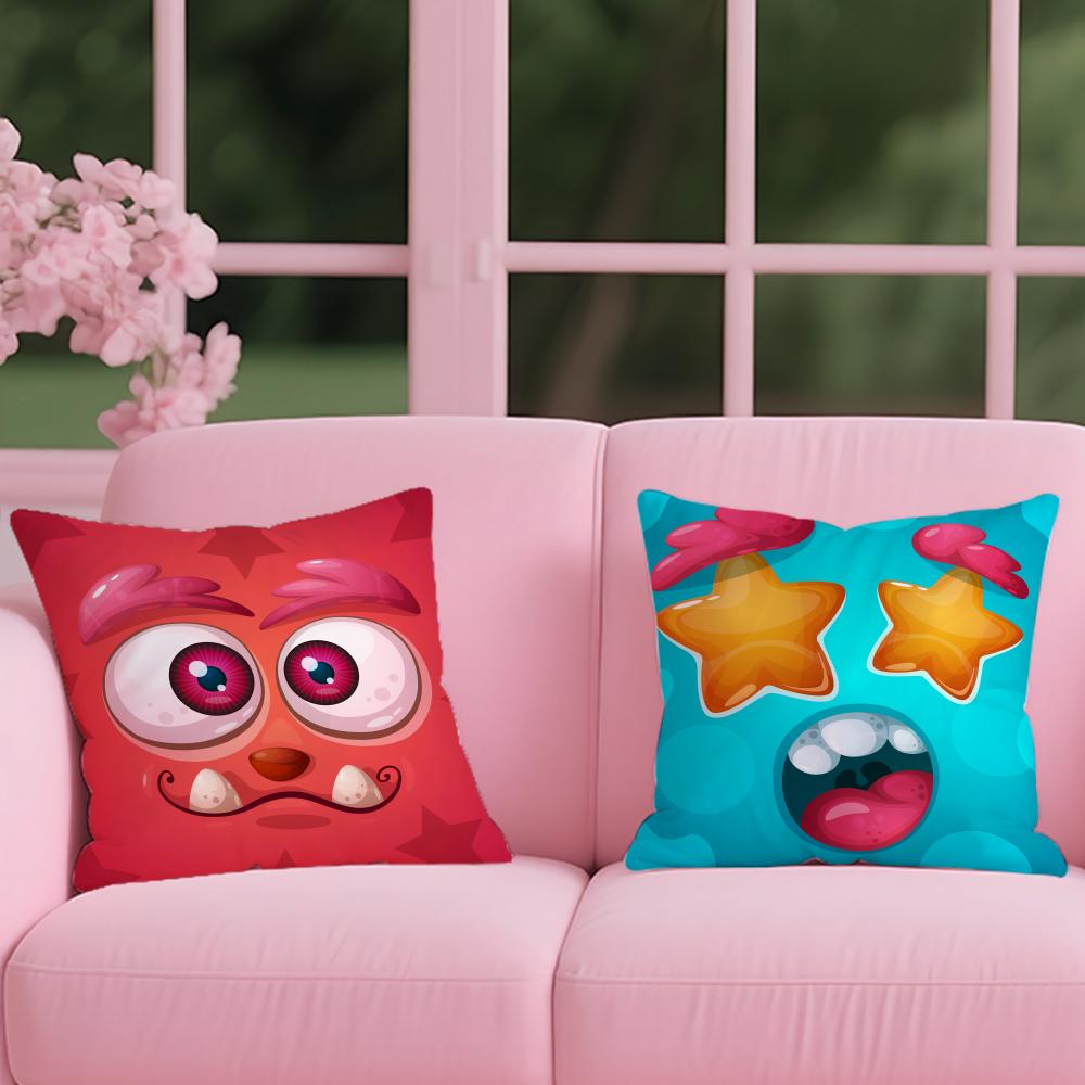 Funny Little Monster Emoticon Pack Cushion Cover Reversible Plush Pillow Cover – For Car, Sofa, Bedroom, Perfect As a Gift.