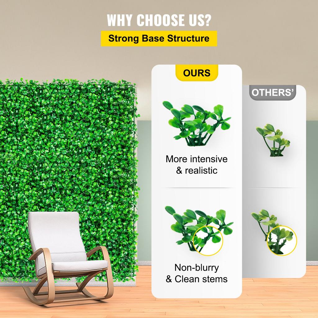 VEVOR Artificial Boxwood Panel UV 24PCS Boxwood Hedge Wall Panels Artificial Grass Backdrop Wall 10"x10" 4 Cm Green Grass Wall Fake Hedge