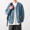 Mens Vintage Washed Denim Jacket Casual Loose Fit Long Sleeve No Collar Blue Streetwear Young Adults