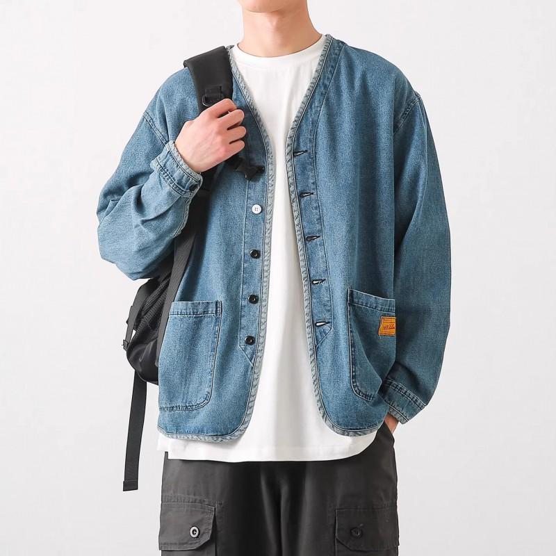 Mens Vintage Washed Denim Jacket Casual Loose Fit Long Sleeve No Collar Blue Streetwear Young Adults