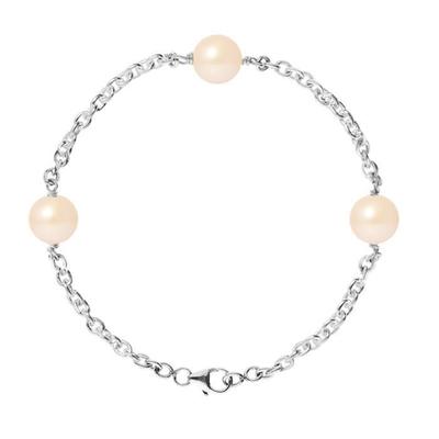 Bracelet - - 3 Freshwater Cultured Pearls 9-10 Mm - 925 Silver - Natural Pink - 18 Cm