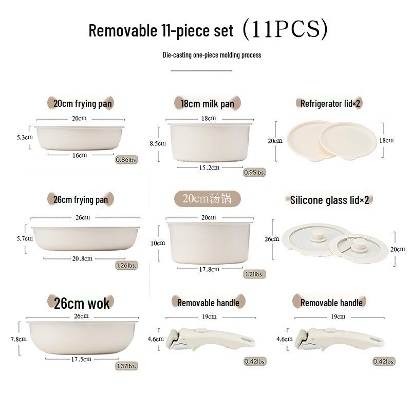 Non-Stick Removable Cookware Set with Steamer, Frying Pan, and Separable Handle