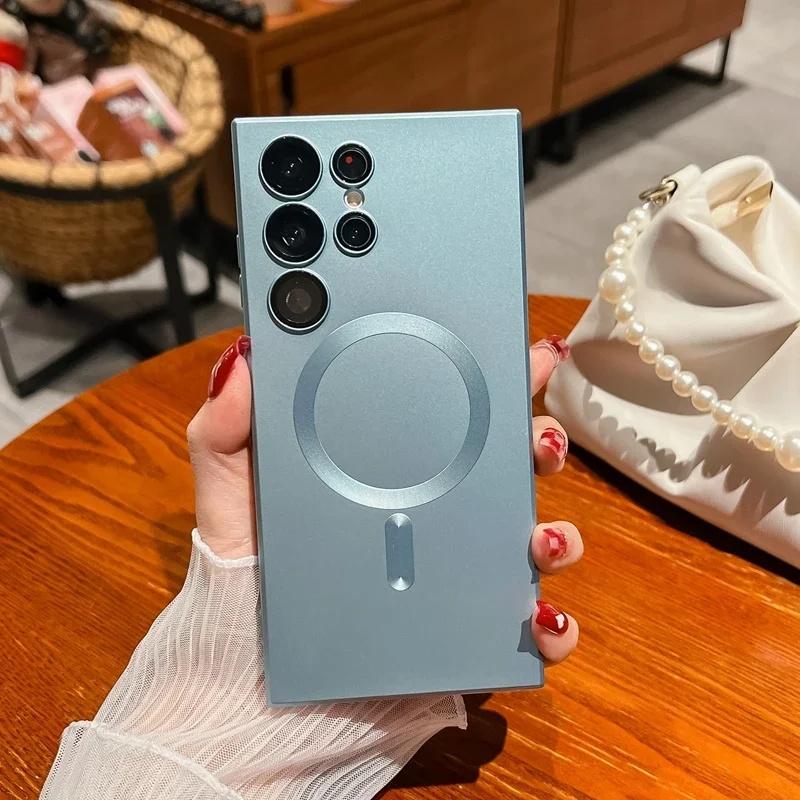 

Роскошный чехол для беспроводной зарядки для Samsung Galaxy S23 S22 S21 Ultra FE Plus для Magsafe, мягкий силиконовый чехол-бампер Samsung S23 Ultra синий