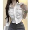 Women's High-End Long-Sleeve Shirt - Unique Waist-Cinching, Navel-Baring Chic Top for Autumn/Spring