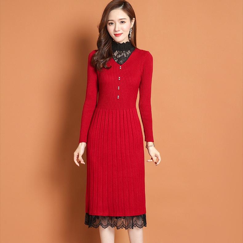 Lace Half Turtleneck Knitted Dress for Women Long-sleeved Solid-color Sweater Dress for Autumn and Winter Casual