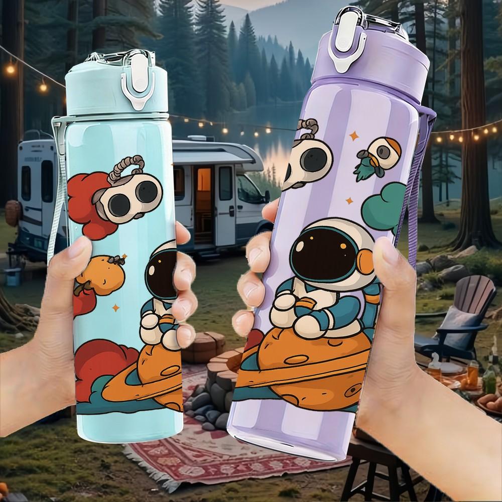 1PC Astronaut Space Planet Pattern 750ml Color Plastic Sports Water Bottle Leakproof Flip Straw Lid Suitable for Sports Office Home Use