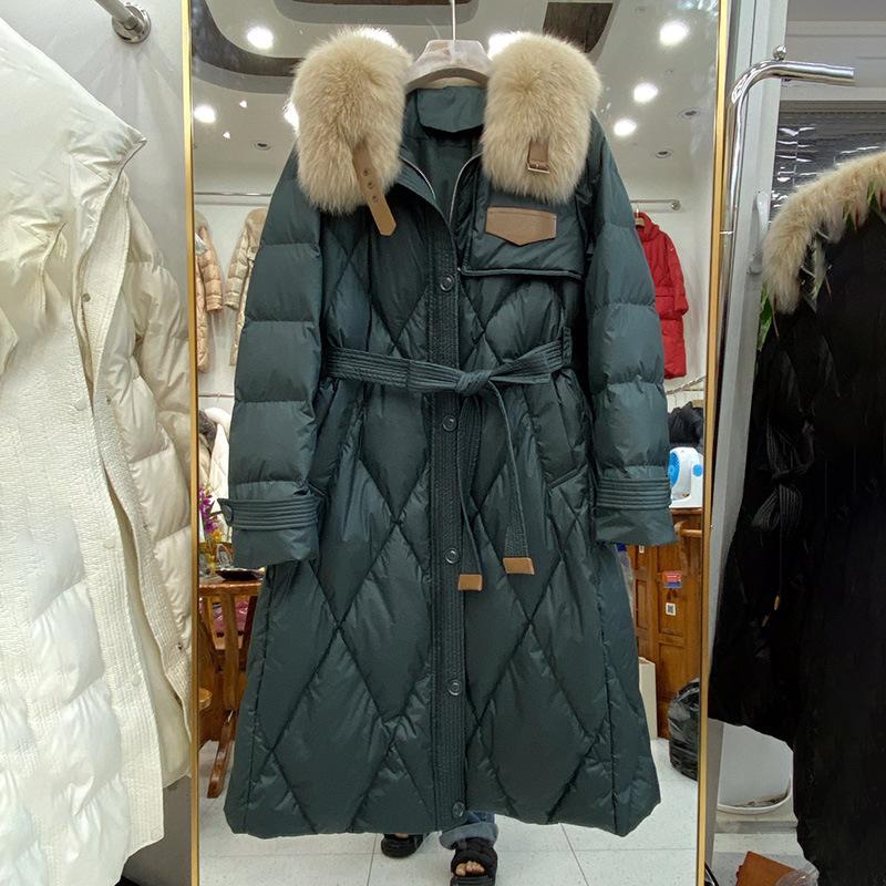 2024 autumn and winter big fur collar down jacket women's medium and long slim belt waist winter fox fur collar jacket