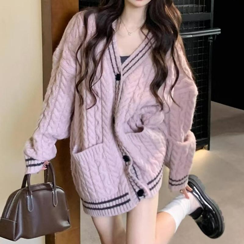 

Модный свободный кардиган с V-образным вырезом, вязаный свитер-куртка, женский осенне-зимний трикотажный повседневный офисный длинный плащ, карманы, длинный рукав, элегантная одежда one size розовый