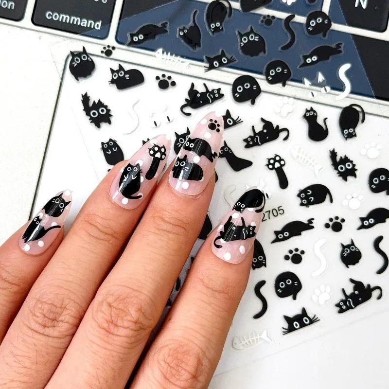 1-6pcs Black Cat Stickers Cute Cartoon Graffiti Cat Nail Stickers Art Self Adhesive Decals Heart Bowknot Stars Manicure Tools