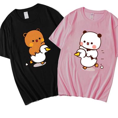 Cute Bubu and Duud Is Riding A White Duck Tshirt Panda and Brownie Bear Clothes Cotton T-Shirts for Men Women Couple