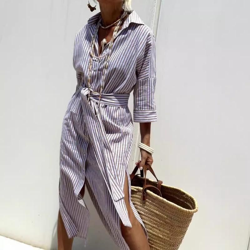 Wish Autumn Five-quarter Sleeve Striped Split Shirt Dress Women