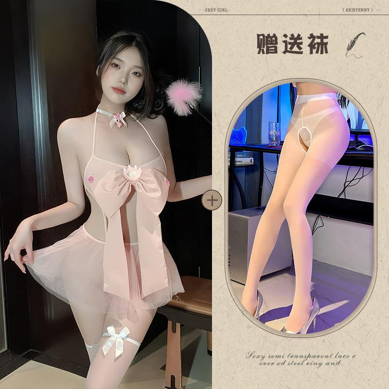 Pink Bow Three-point Erotic Underwear Pure Desire Temptation Splicing Mesh Perspective Free-to-take Set