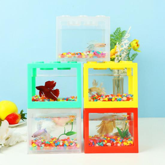 Mini Betta Fish Tank Stackable Building Block Tiny Aquarium Fish Bowl Clear Visible Rectangular Small Shrimp Fish Cube Tank Decoration