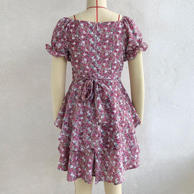 Aboe Knee Short Puff Sleeve Women Spring Summer Dress A-Line Slash Neck  High Waist Slim Cascading Ruffle Floral Print S-XL