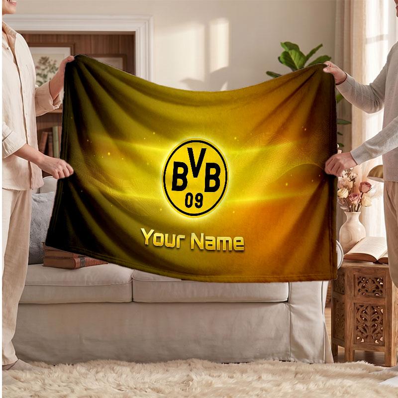 Borussia Dortmund Personalisierte Fleecedecke Mit Fußballlogo, Individueller Name Text Weiche Warme Wohndecke