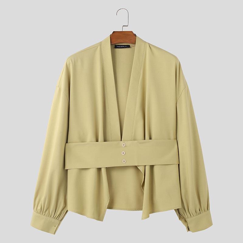 

INCERUN Men Long Sleeve Oblique Placket Back Bandage Casual Loose Shirts 5XL хакі