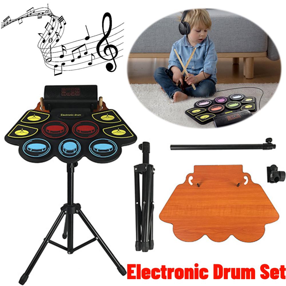 Electronic Drum Set With Drum Sticks Pedals Music Drums 9 Pad Roll-Up Drum Musical Electronic Drums Instrument For Kids Adults