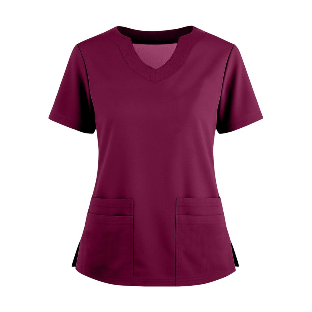 Women's Short Sleeved Solid Color V-neck Buttonable Side Slit Top T-shirt