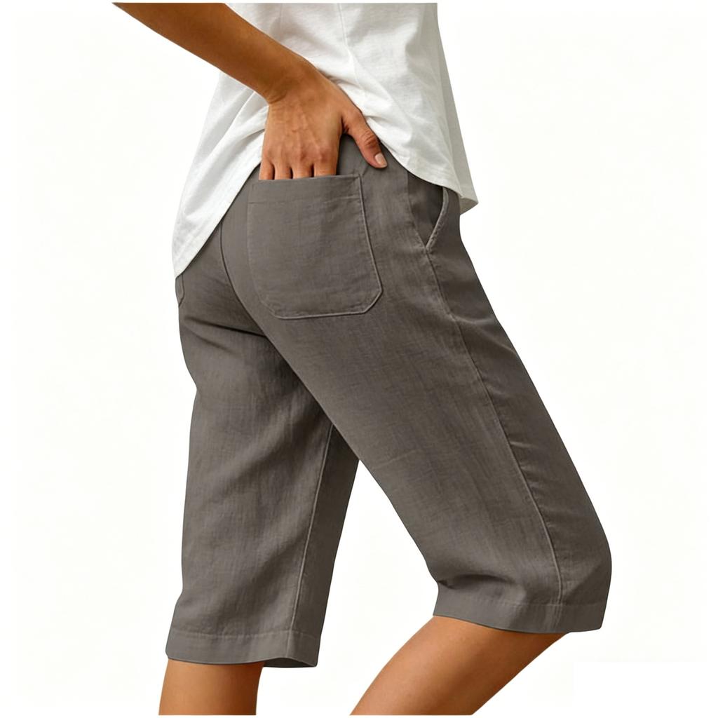 Women's Summer Fashion Elastic Waist Cotton Linen Five Quarter Pants Casual Loose Pocket Shorts