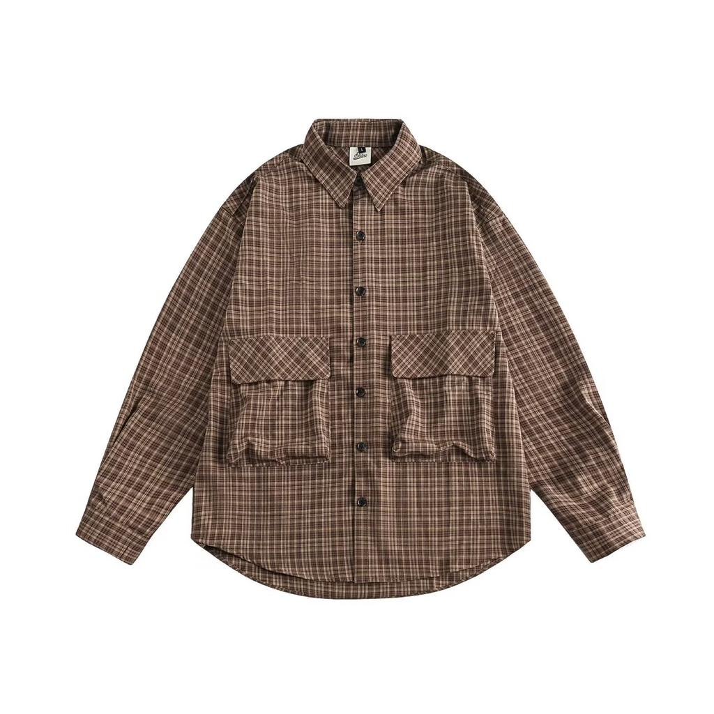 Autumn 2024 Plaid Pocket Decorative Lapel Shirt Japanese-Style Retro Embroidered Long Sleeve Shirt for Men