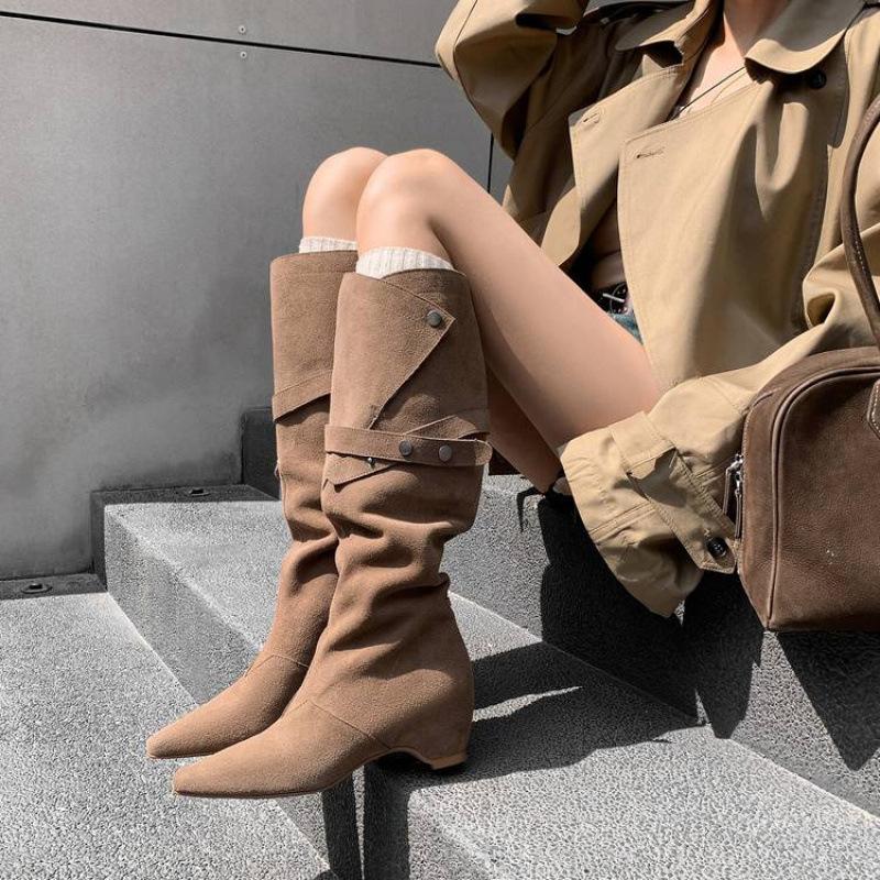 European and American new pointed Martin boots solid color leather large size women's boots sleeve autumn and winter large tube circumference cow