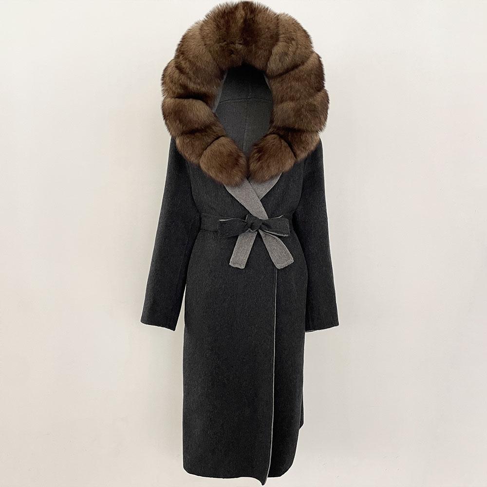 OFTBUY Winter Women Coat Real Natural Fox Fur Hooded Detachable Collar Double-faced Woolen Jacket Long Casual Elegant Overwears