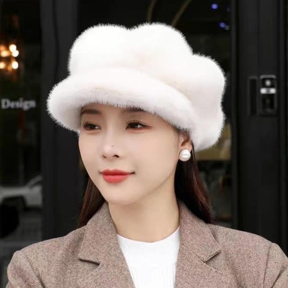 Thick Warm Imitation Mink Beret Solid Color Cloud Hat Cozy Peaked Cap  Winter
