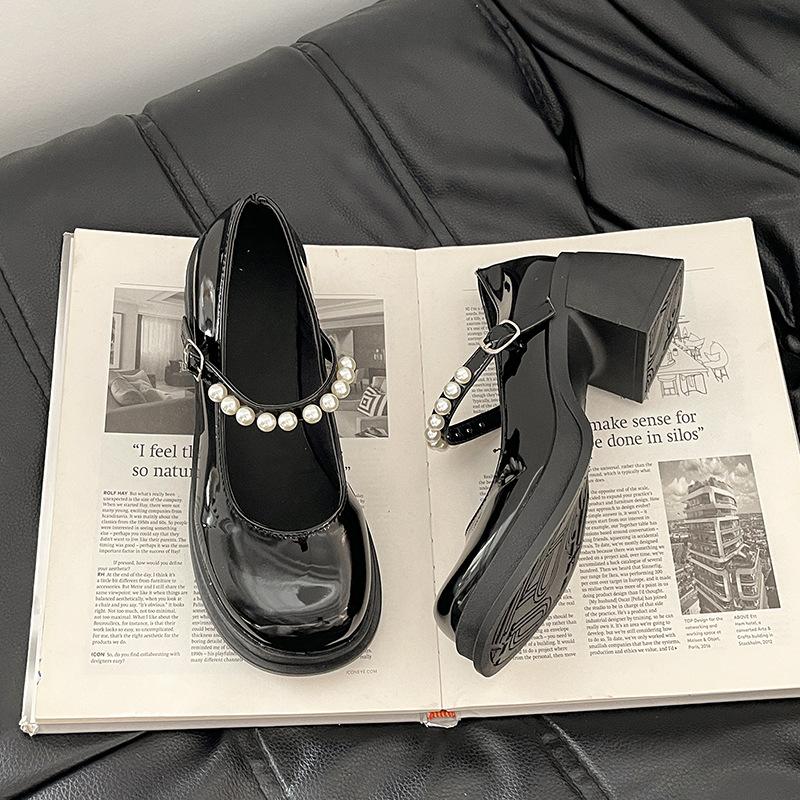 French fairy style loafers retro women Mary Jane shoes summer design pearl high heel small leather shoes single shoes