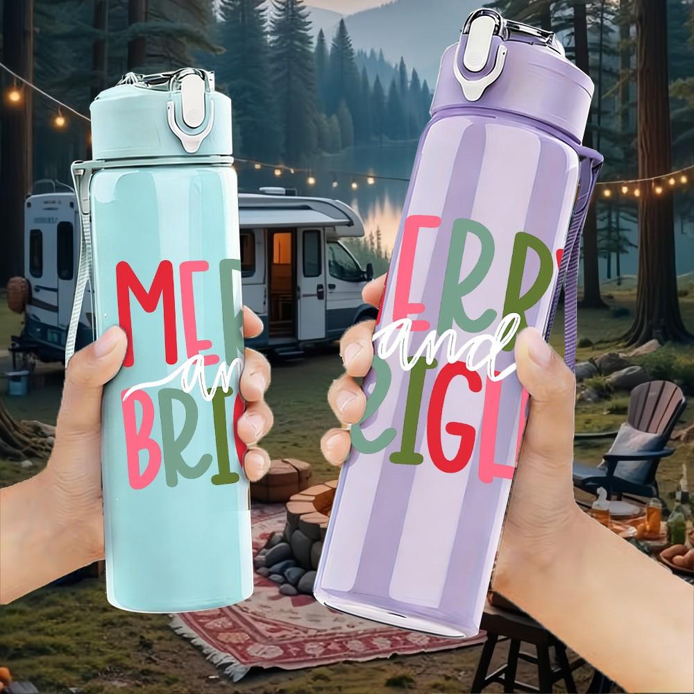 1PC Merry And Bright Festive Letter Text Print 750ml Color Plastic Sports Water Bottle Leakproof Flip Straw Lid Suitable for Sports Office Home Use