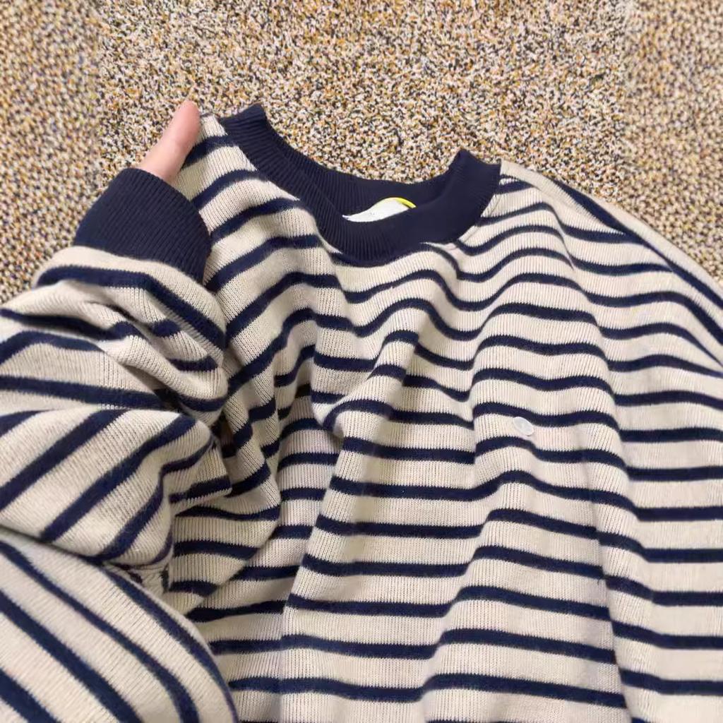 Retro Striped Crew Neck Knitted Pullover Sweater for Women's Autumn and Winter New Casual Loose Knitted Sweater for Women