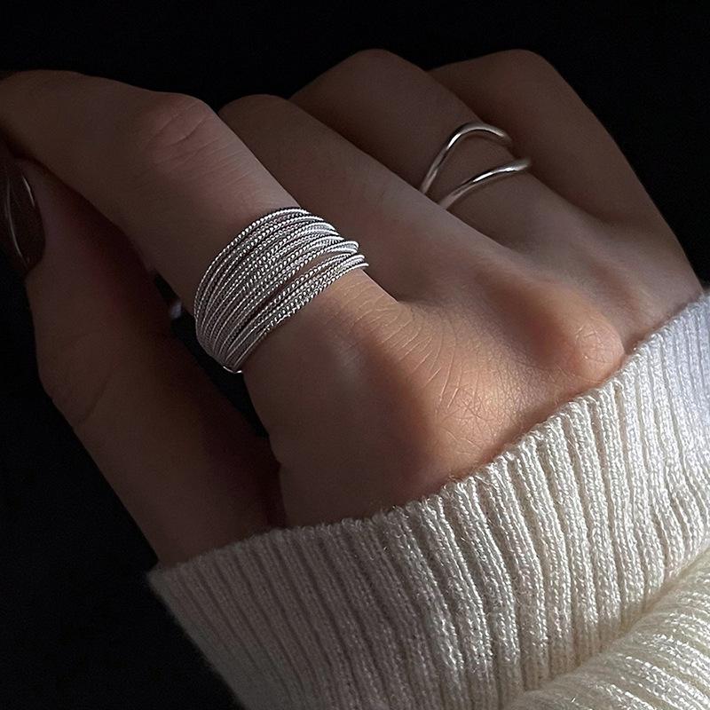 S925 Silverpläterad minimalistisk flerlagers öppen ring för kvinnor