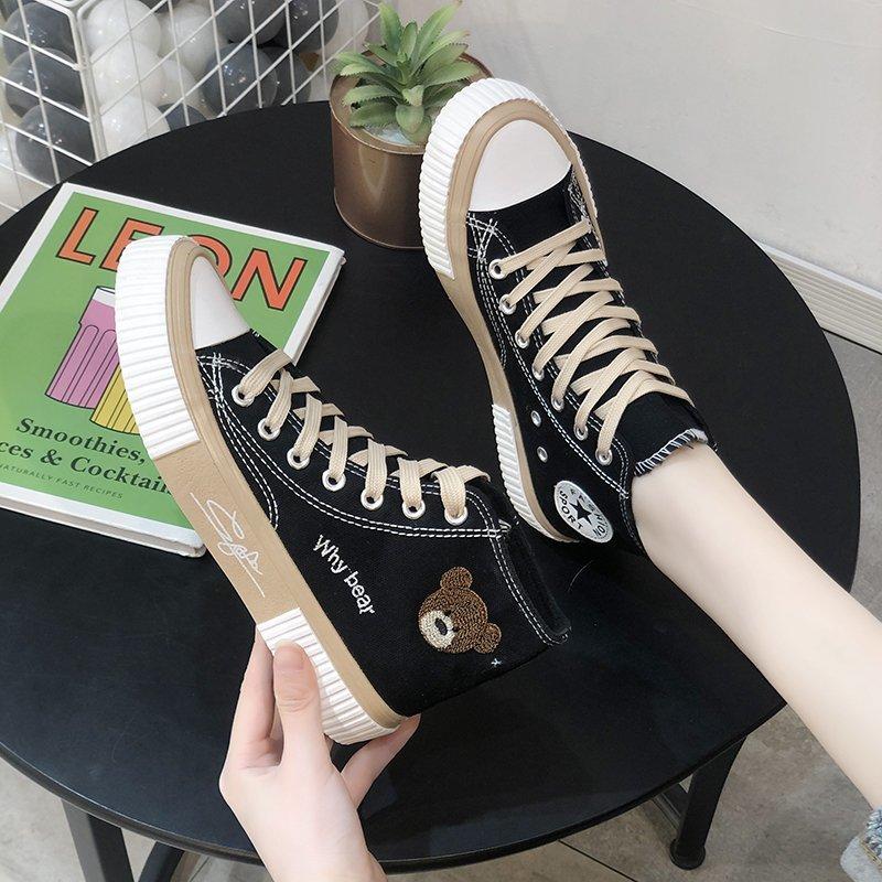Cute Bear Canvas Shoes for Women Breathable Sneakers Fashion Casual Vulcanized Sport Shoe Flats High/Low Top Lace Up Zapatos