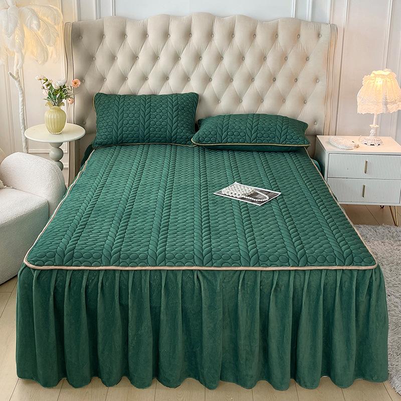 3-teiliges Luxus-Bettwäsche-Set, gesteppter Bettrand mit 2 Kissenbezügen, dicker warmer rutschfester Matratzenschoner, einfarbiges Bettlaken und Bettbezug
