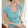 Women's Black Ribbed V-Neck Short Sleeve Henley T-Shirt