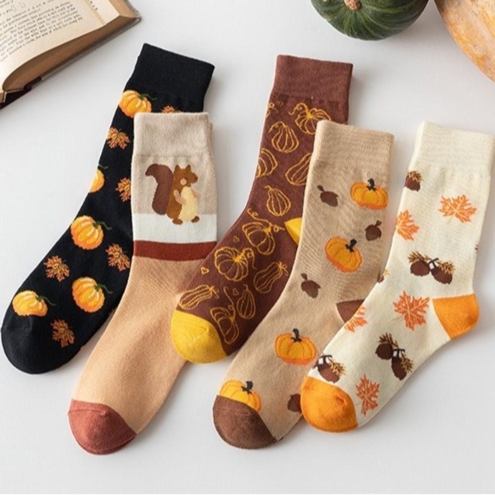 2 Pairs Soft Warm Mid-calf Socks Pumpkin Pattern Women's Stockings New Autumn Socks  Fall Costume