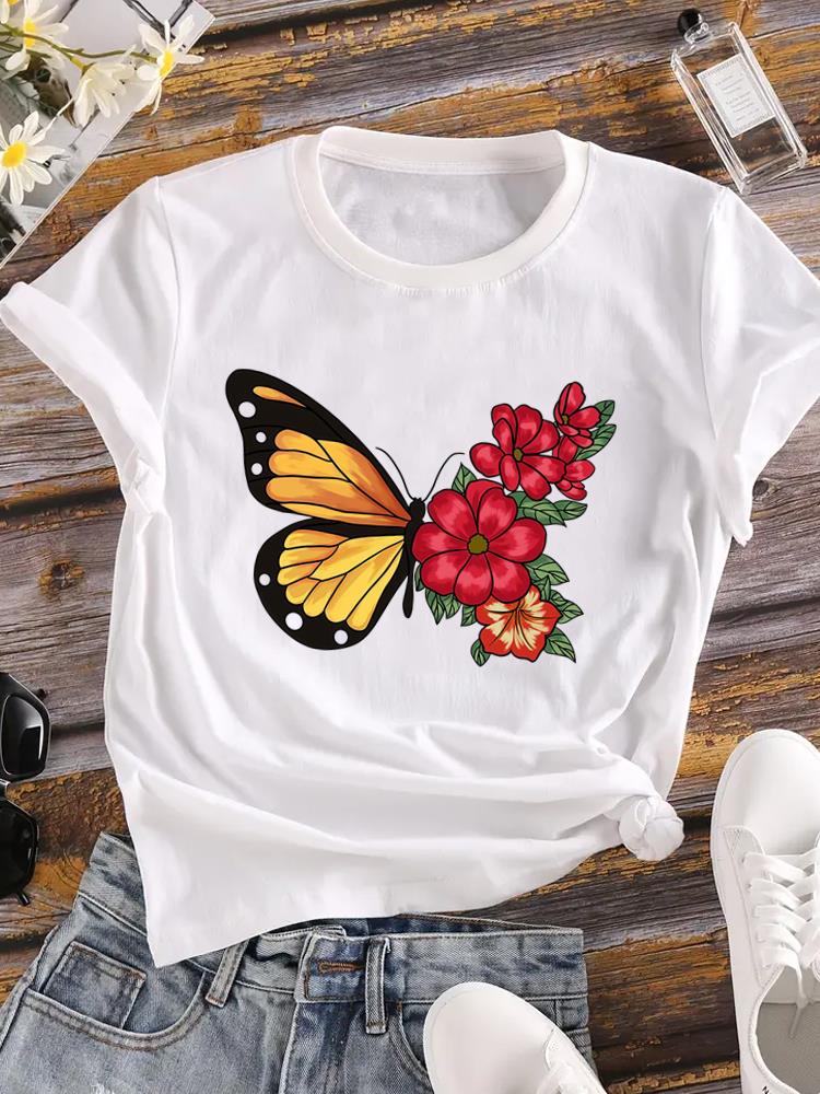 (Asian Size) Sweet Butterfly 90s Trend Printed Female Clothing Women Tee Lady  T Shirt  Casual Fashion Top Graphic Short Sleeve T-shirts