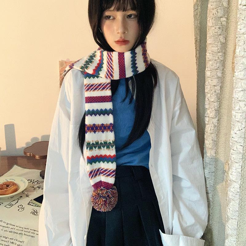 Luochi Retro Fair Isle Pom-Pom Rainbow Scarf - Warm Short Neck Gaiter for Autumn/Winter белый