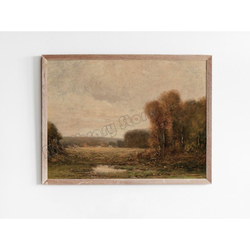 Vintage Warm Tone Autumn Landscape Trees Mid Century Canvas Oil Painting Poster Wall Art Pictures Cozy Home Room Decor