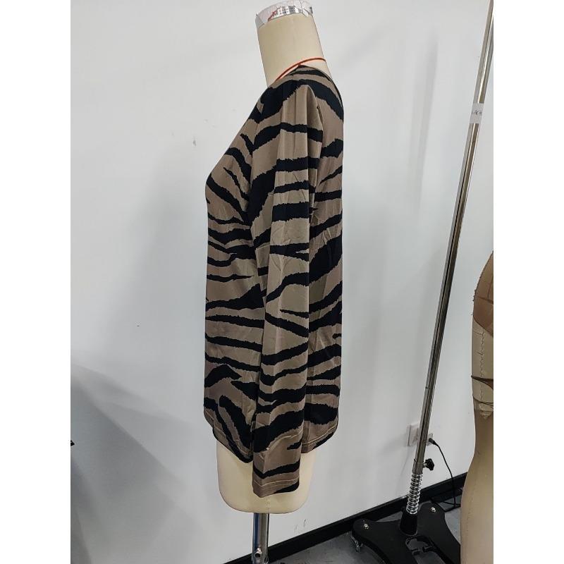 Women's Spring, Autumn and Winter Models Zebra Print Strapless Collar Long-sleeved T-shirt Tops