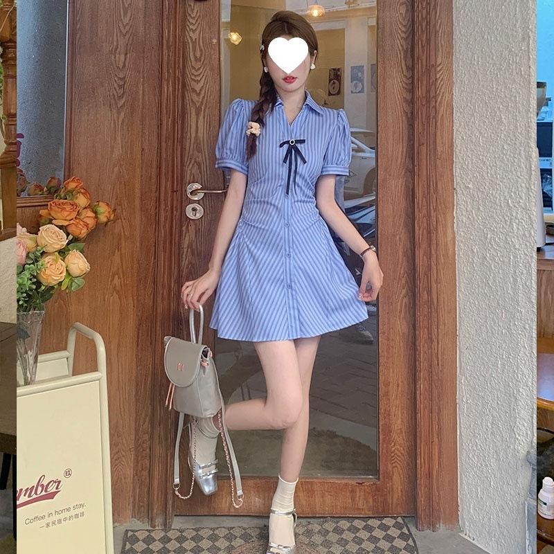 Blue Striped Shirt Dress Set Women's Summer New French Small Design Shorts Two-piece Set
