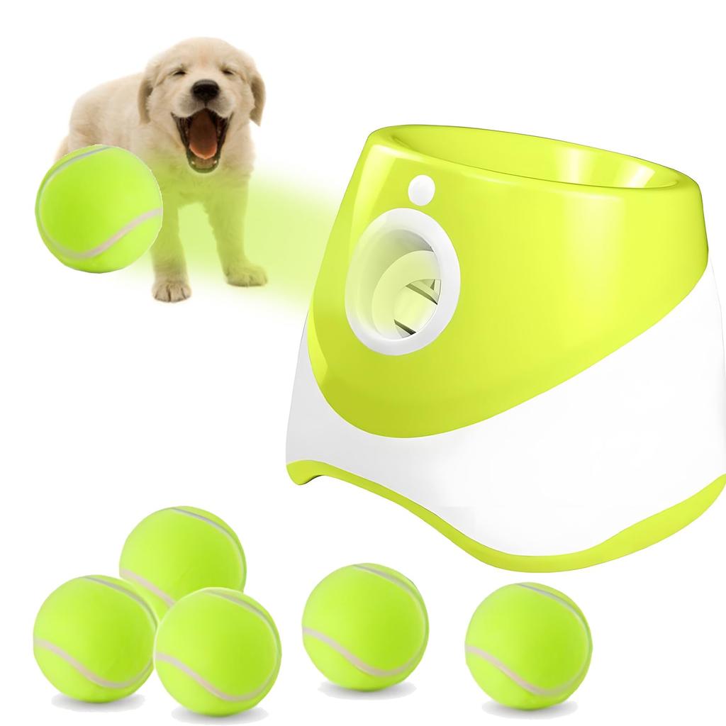 Dog Ball Automatic Ball Launcher Toy for Robo Pitcher with 3 Adjustable Distances and 6 Mini Tennis Plastic Automatic Dog Ball Launcher for Small and