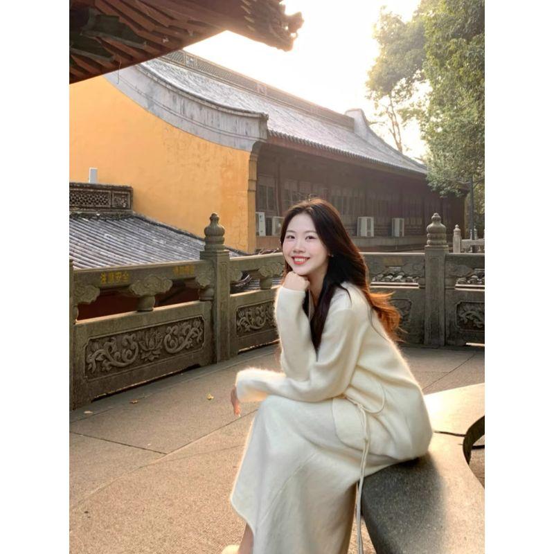 Kumikumi Gentle Suit Retro Lace-up Sweater Outwear Women's Autumn Slimming Drape Skirt Two-piece Set