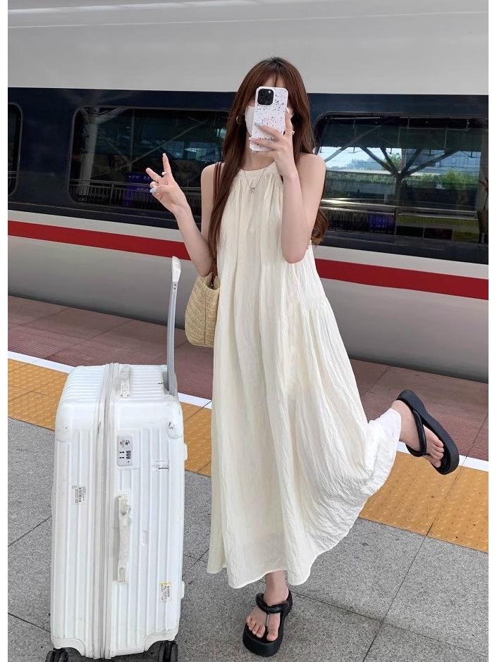 

2026 Summer French Fairy White Halter Dress - Women s Sleeveless, Loose, Elegant Long Skirt Small