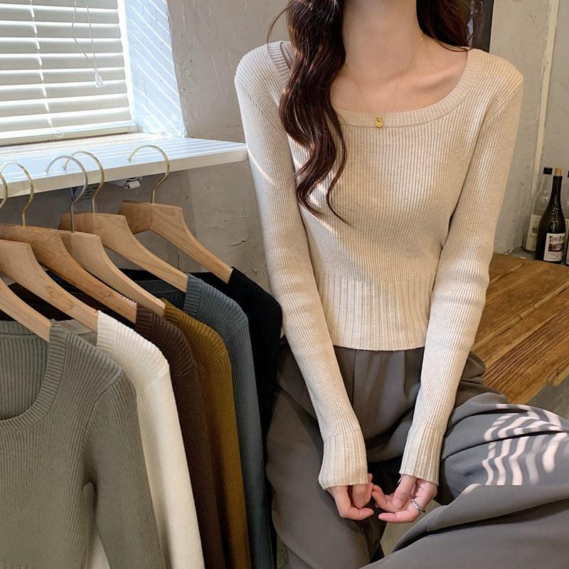 Dámské jaro podzim čtvercový límec dlouhý rukáv jednobarevné tenké svrchní oblečení krátký pletený svetr