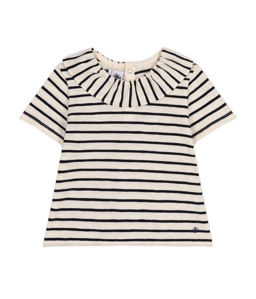 Bomullskant Kortermet Klippet og Sydd A09ZO Melkehvit 18 Måneder 81cm [Petit Bateau] Hvit/Marineblå