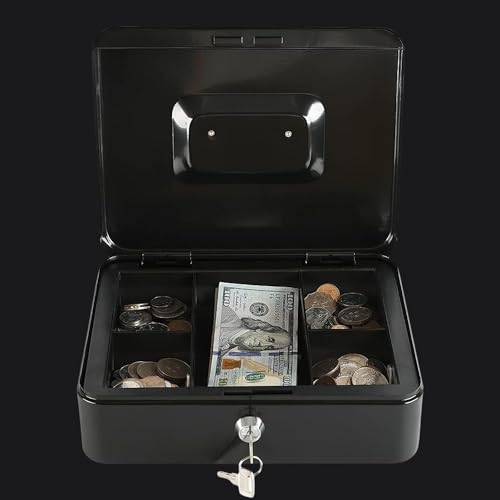 Beemyi Portable Cash Box, Small Cash Box for Home Use, Cashmate A5 Size, Accounting, Office Mini Safe, Piggy Bank, Steel, Home Security Box (Black, W2