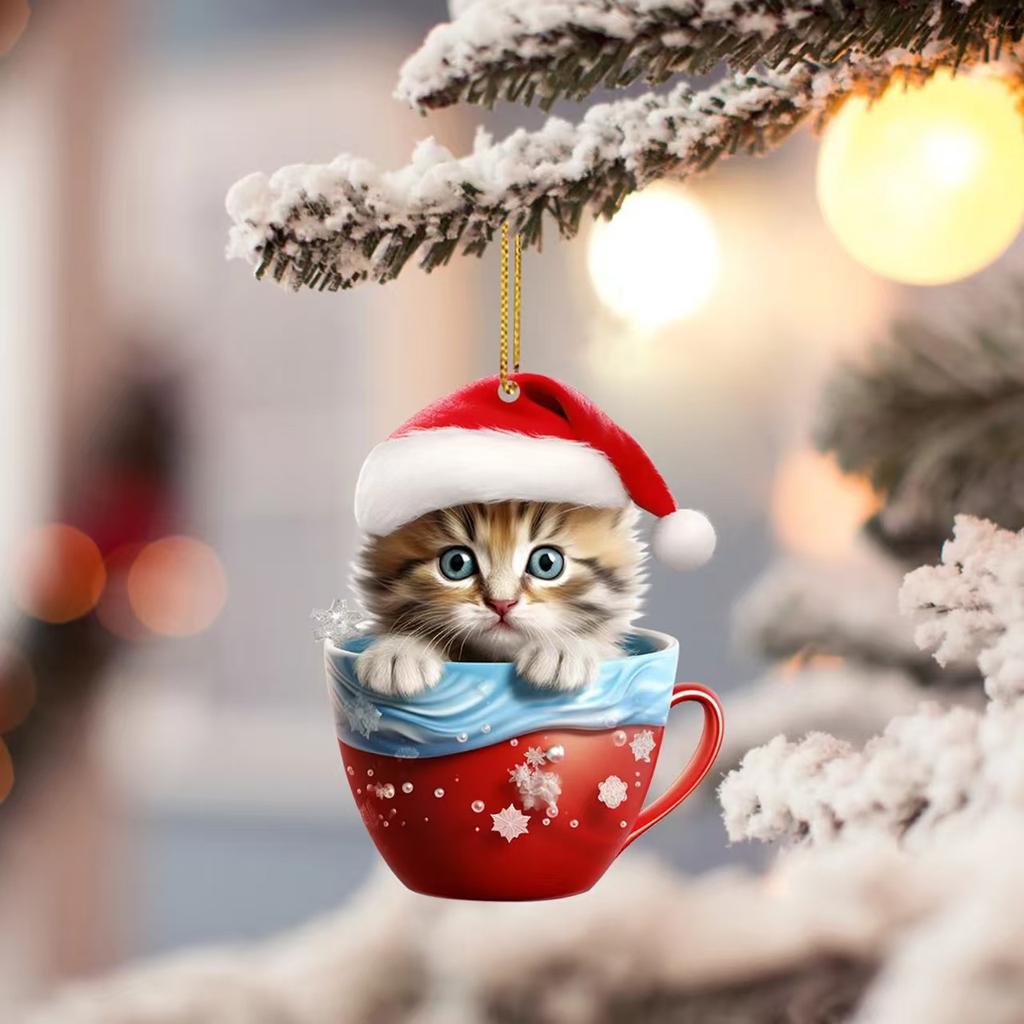Cute Cat Pendant Cartoon 2D Acrylic Christmas Kitten Charm Ornament Funny Christmas Cat Ornament For Homes Christmas Tree Cars